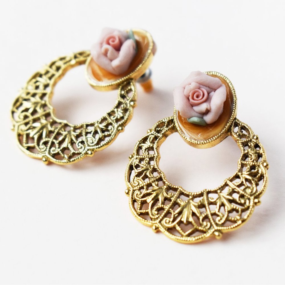 Large pink rose earrings stud, circle filigree earrings gold tone